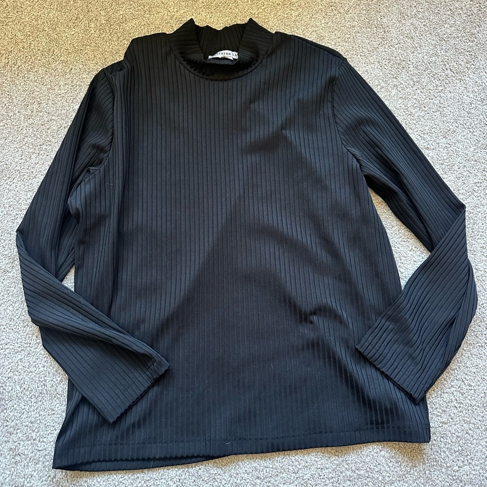 Petite Large Southern Lady Mock neck Black Pinstripe knit Blouse
